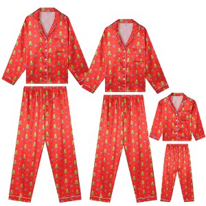 cheibear Christmas Family Tree Print Button Down Top and Pants Satin Pajama Sets Red - 1 of 4