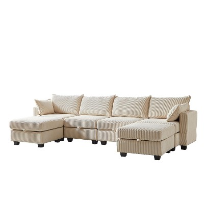 NicBex 113.5 Inch Modular Sectiona Sofa,U Shaped Convertible Corduroy Couch with Storage Ottoman for Living Room,Apartment,Office,Beige
