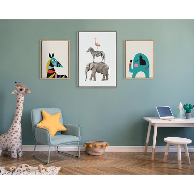 Gray Framed Canvas Print of Stacked Safari Animals for Kids