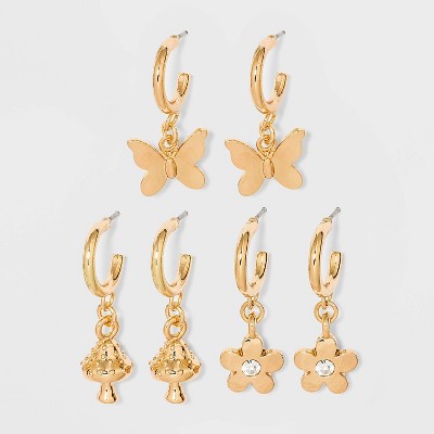 Butterfly Mushroom and Flower Charm Hoop Earring Set 3pc - Wild Fable™ Gold