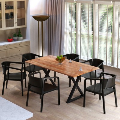 Royal Hampton 67 Inch Rectangular Dining Table with Crossed Metal Legs and Faux Live Edge Acacia Wood Top