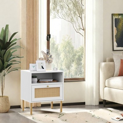 Angel Sar Natural Rattan Nightstand Set of 2, White Bedside Table for Bedroom