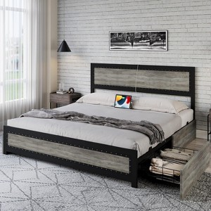 CuisinSmart Bed Frame with Four Storage Drawers, Platform Bed with Headboard & Riveted Decoration, Metal Slat Frame - 1 of 1