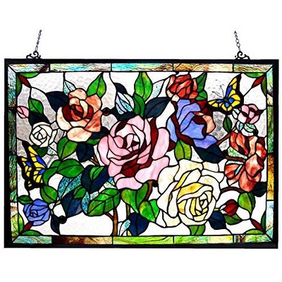 CHLOE Lighting Butterfly & Roses Tiffany-glass Window Panel 27x19