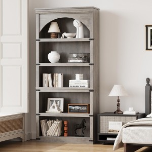 Farmhouse Arched Bookcase with 5 Shelves, 68.7 Inch Tall Curved Wooden Storage Shelf for Living Room or Home Office, in Grey Finish - 1 of 4