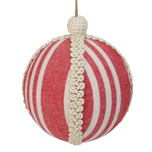 Northlight 4.75" Red and White Striped Ball Christmas Ornament with Rope Accent - 1 of 4