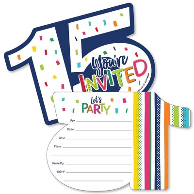 Big Dot of Happiness 15th Birthday - Cheerful Happy Birthday - Shaped Fill-In Invites - Fifteenth Birthday Invitation Cards with Envelopes - Set of 12