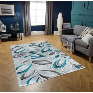 Home Mart Goods Blue Turquoise Teal Silver Floral Nature Leaf Hand-Carved Abstract Soft Premium Modern Contemporary Non-Shedding Area Rug - 1 of 4