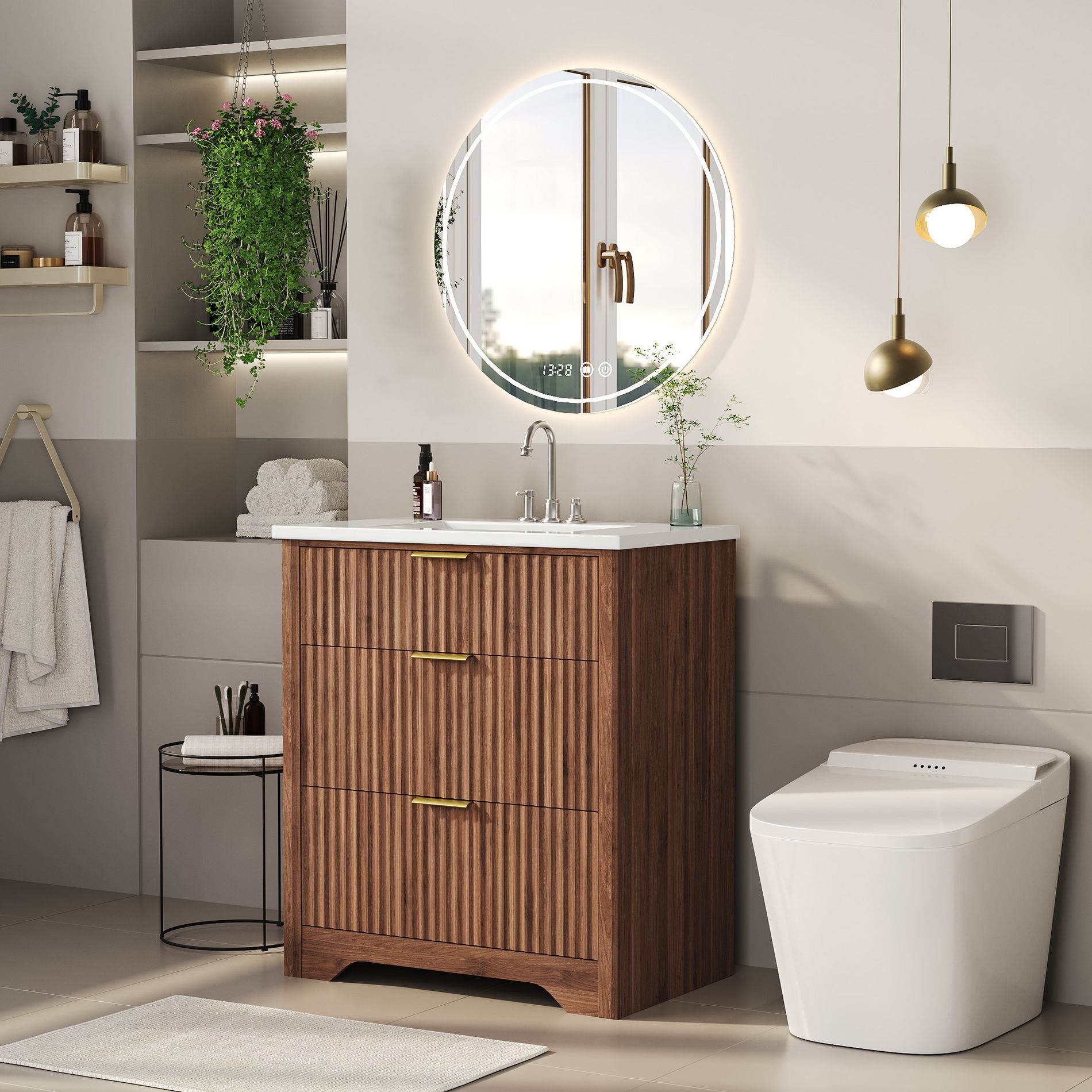 GustoWave Fluted Bathroom Vanity with Sink, Farmhouse Freestanding Cabinet, 2 Drawers & Flip-Down, Easy Assembly