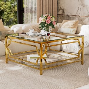Zeus & Ruta 33.5" Square Glass Coffee Table with Luxe Geometric Metal Frame, Gold Finish & Lower Shelf - 1 of 4