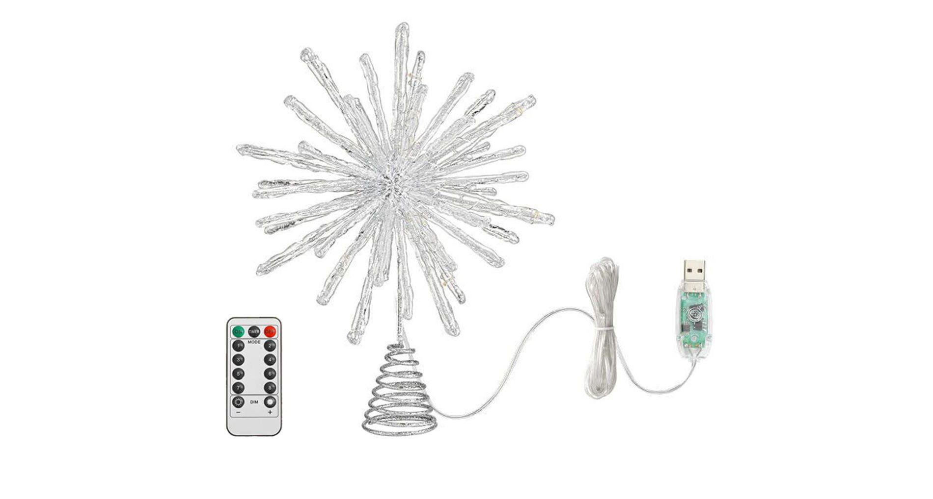 Aoibox Christmas Firework Tree Topper 12.2 Inch Glittered Epoxy Snowflake with 30 LED Lights 6 Hour Timer 8 Modes USB Remote 1 Piece