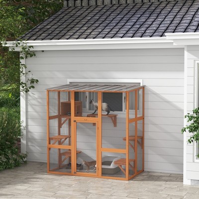 Large Outdoor Wooden Cat House with Platforms and Bridge