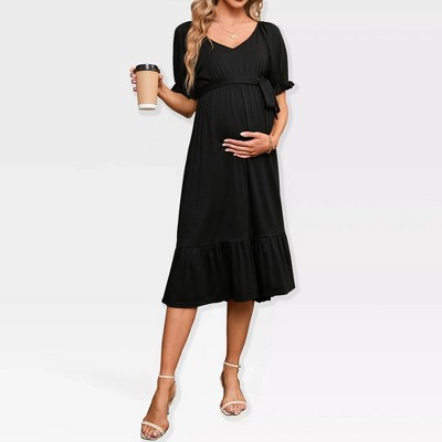Womens Maternity Dress V Neck Short Sleeve Tie Waist Adjustable Belted Dress with Ruffled Hem,Black - S