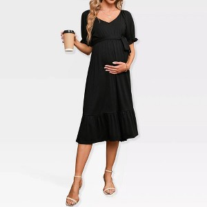 Womens Maternity Dress V Neck Short Sleeve Tie Waist Adjustable Belted Dress with Ruffled Hem - 1 of 4