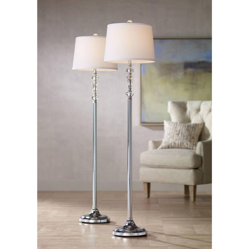 360 Lighting Montrose Modern Floor Lamps 61" Tall Set of 2 Polished Steel Crystal Glass White Fabric Drum Shade for Living Room Bedroom Office House, 2 of 8