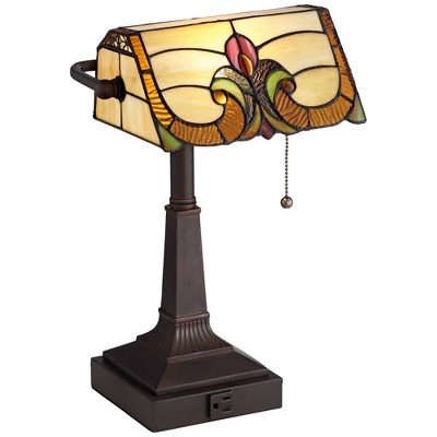 Robert Louis Tiffany Traditional Piano Banker Desk Table Lamp 17" High with AC Power Outlet Bronze Floral Art Glass Bedroom Office