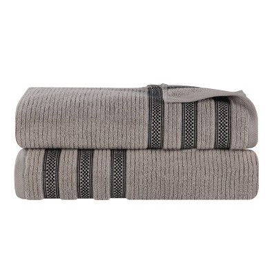 Zero Twist Cotton Ribbed Modern Geometric Border Bath Sheet Set of 2 by Blue Nile Mills