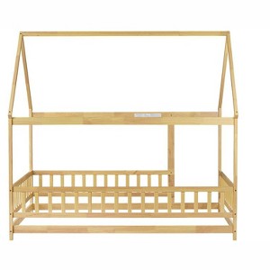 COWLOWN Full Size House Floor Bed with Roof & Safety Guardrails, Wooden Bed for Kids and Toddlers - 1 of 4