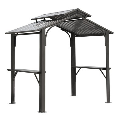 Gloweer Hardtop Grill Gazebo, Outdoor BBQ Gazebo w/Galvanized Steel Double Roof, Permanent Sun Shade Grill Canopy Shelter