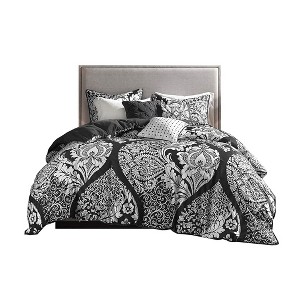 Gulches Multicolor Black Transitional Intricate Damask 200TC Cotton Sateen with Polyester Fill King Cal King 6 Piece Printed Duvet Cover Set Blanket - 1 of 4