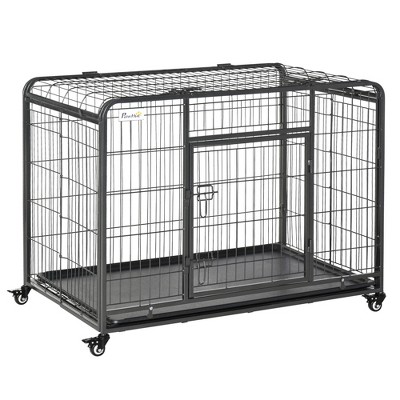 PawHut Folding Design Heavy Duty Metal Dog Cage Crate & Kennel with Removable Tray and Cover, & 4 Locking Wheels, Indoor/Outdoor
