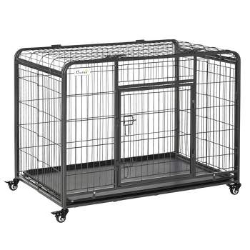 PawHut Folding Design Heavy Duty Metal Dog Cage Crate & Kennel with Removable Tray and Cover, & 4 Locking Wheels, Indoor/Outdoor