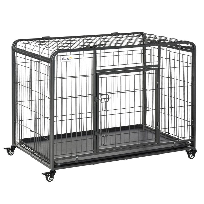PawHut Folding Design Heavy Duty Metal Dog Cage Crate & Kennel with Removable Tray and Cover, & 4 Locking Wheels, Indoor/Outdoor, 1 of 11