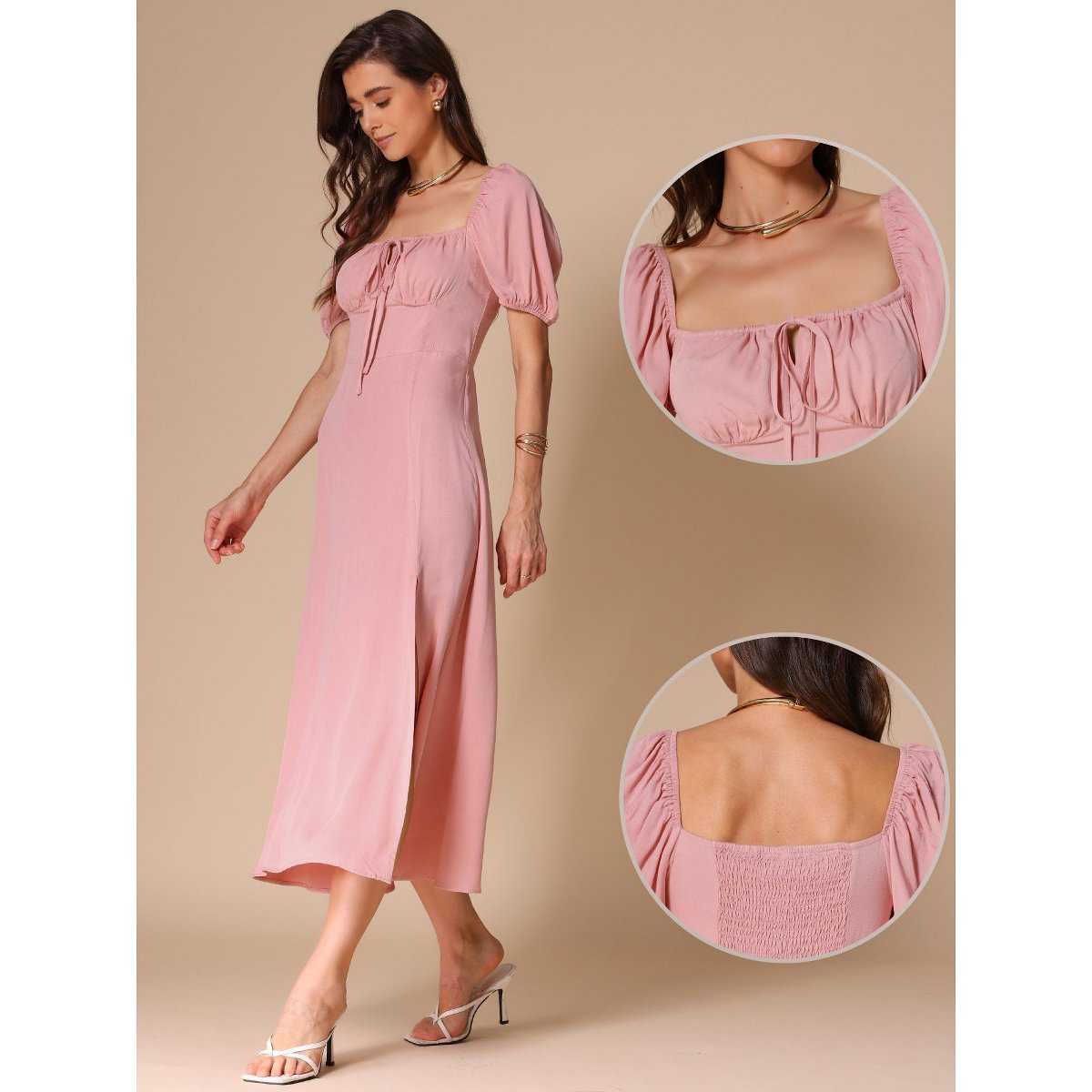 Женские платья INSPIRE CHIC Women's Puff Sleeve Square Tie Neck Split Smocked Boho Split Long Dress X-Large Pink — фото 2