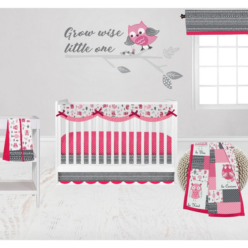 Bacati - Owls in the Woods Pink Fuchsia Gray 6 pc Crib Baby Girl Bedding Set with Long Rail Guard Cover, 1 of 12