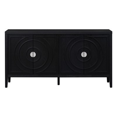 Hostack Sideboard with Circular Groove Doors and Round Metal Handles for Living Room, Black