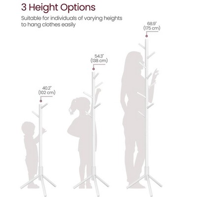 White Solid Wood Tree-Shaped Coat Rack with 8 Hooks