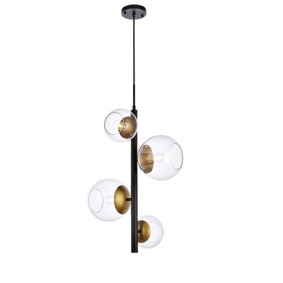 Elegant Lighting Wells 18 inch pendant in black and brass with clear shade
