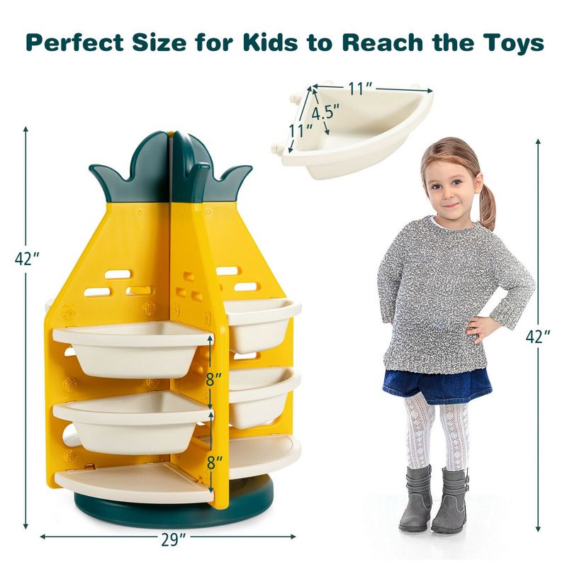 Costway Kids Toy Storage Organizer 360° Revolving Pineapple Shelf w/Plastic Bins, 2 of 13
