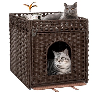Hausource Handwoven Rattan Cat Litter Box Enclosure Hidden Furniture with Door & Removable Mat