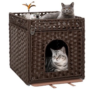 Hausource Handwoven Rattan Cat Litter Box Enclosure Hidden Furniture with Door & Removable Mat - 1 of 4