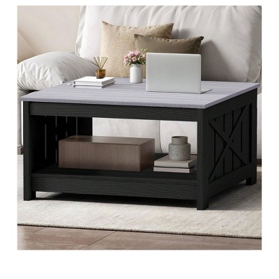Farmhouse Square Coffee Table with Open Storage Compartment Wood Cocktail Table For Living Room Organizer Black