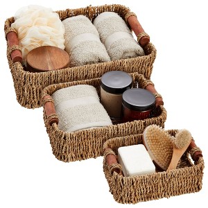 Juvale Set of 3 Small Wicker Baskets for Storage, Woven Nesting Bins with Handles for Bathroom Towels and Toilet Paper Organization, Shelf 3 Sizes - 1 of 4