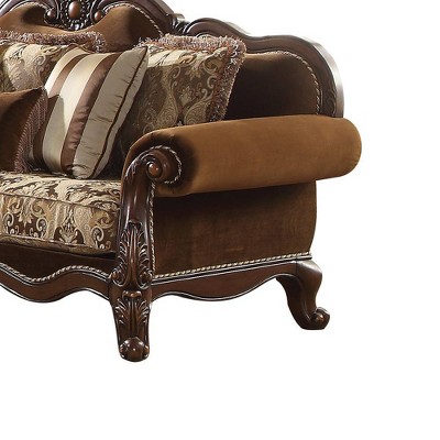Jardena 89" Multicolor Fabric and Cherry Oak Sofa with Pillows