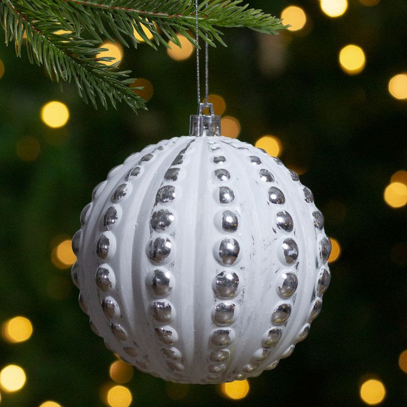 Northlight 3.75" Matte White and Silver Distressed Beveled Beads Christmas Ball Ornament, 2 of 5