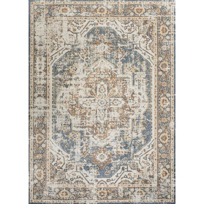 Blue and Cream Medallion Washable Synthetic Area Rug