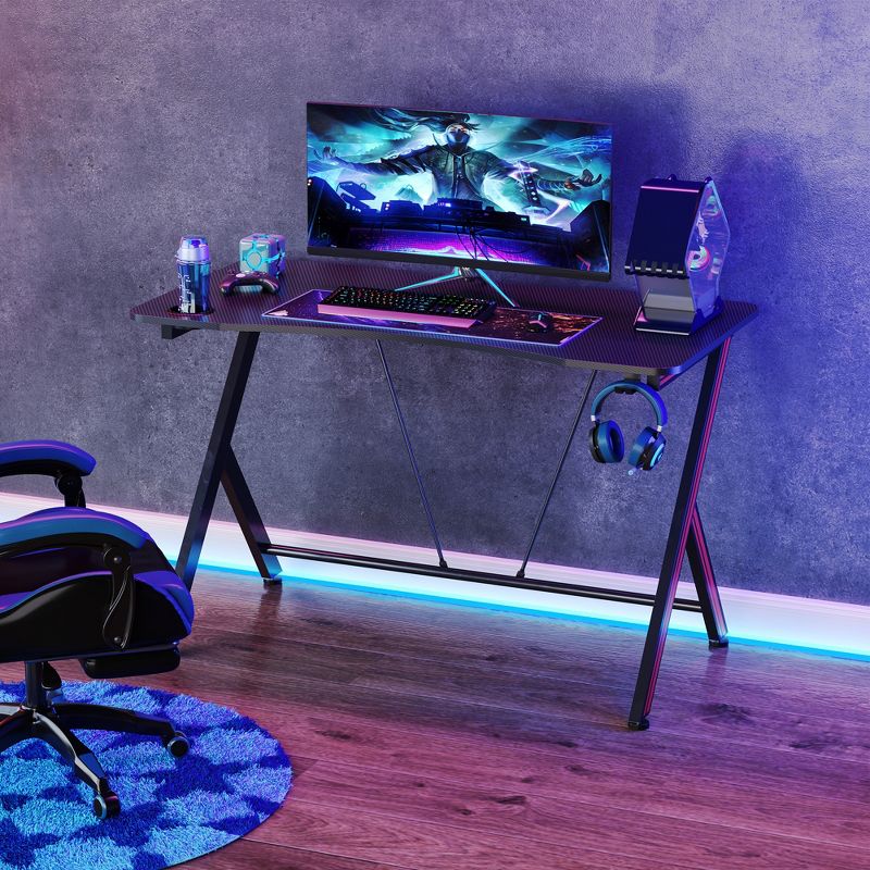 HOMCOM Gaming Computer Desk, Home Office Gamer Table Workstation with Cup Holder, Headphone Hook, Cable Management, Carbon Fiber Surface, 3 of 9