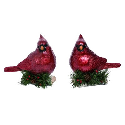 Transpac Resin 7 in. Red Christmas Metallic Holly leaf Cardinal Set of 2