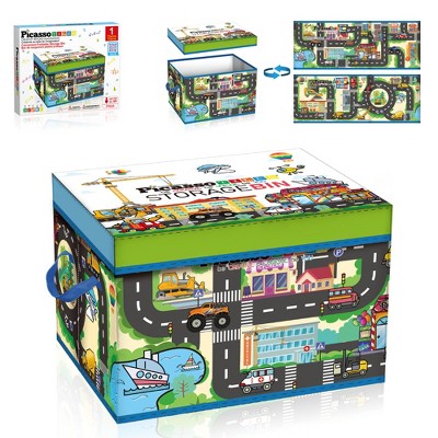PICASSO-TILES Magnet Tile Toy Organizer: City Theme Storage Bin with Lid & Handles