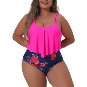 Agnes Orinda Women's Plus Size Adjustable Straps Floral Print 2 Pieces Bikini Sets - 1 of 4