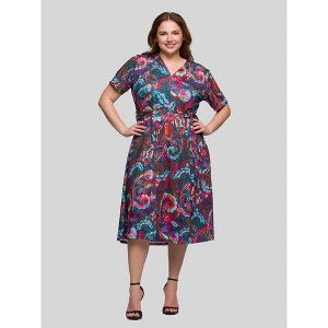 24seven Comfort Apparel Plus Size Brown and Pink Print Short Sleeve Tie Waist Midi Dress - 1 of 4