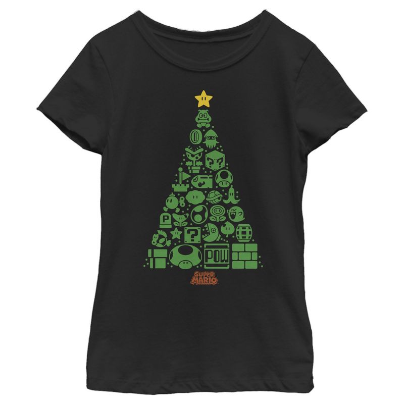 Girl's Nintendo Christmas Tree Mosaic T-Shirt, 1 of 4