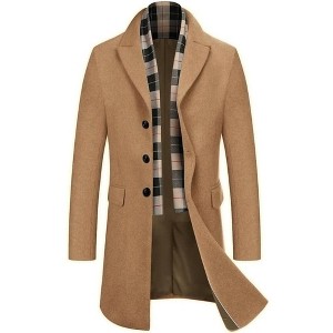 COOFANDY Men's Wool Blend Coat with Detachable Plaid Scarfs Notched Collar Single Breasted Pea Coat Trench Overcoat S-XXL - 1 of 4