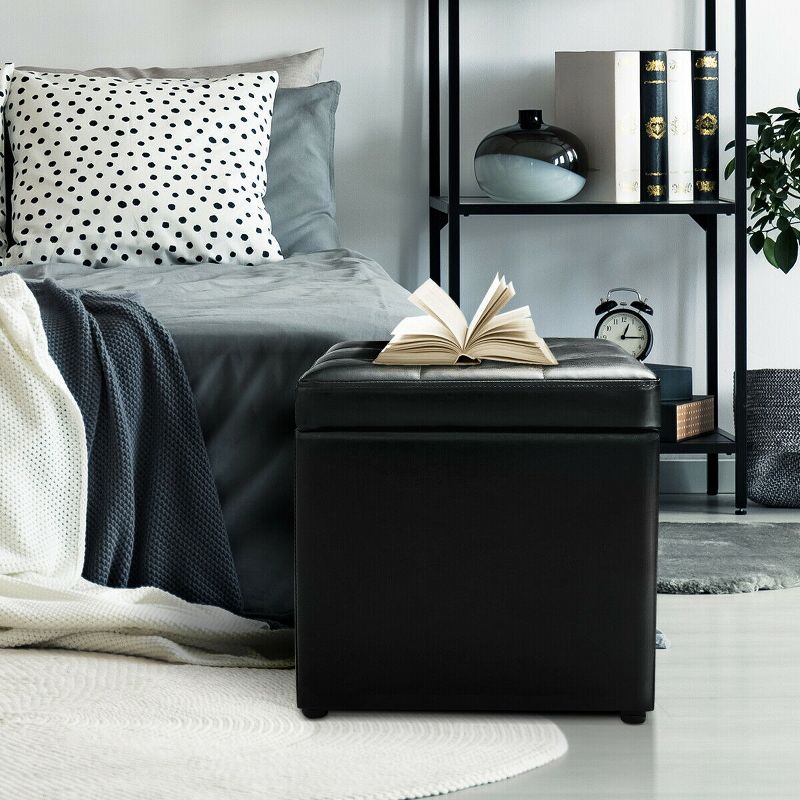 Costway 16''Cube Ottoman Pouffe Storage Box Lounge Seat Footstools with Hinge Top black, 4 of 11