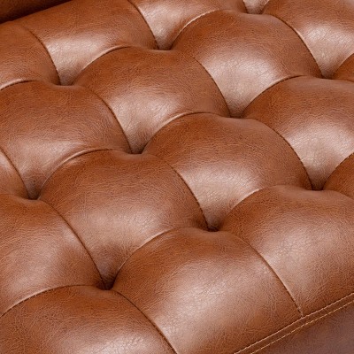 Cognac Faux Leather Tufted Slipper Chair with Dark Espresso Legs