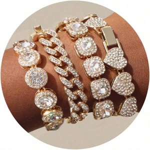 Gold Bracelets for Women, Silver Clustered Tennis Bracelet Set - 1 of 4